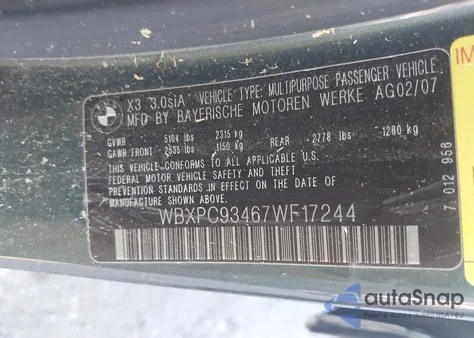 2007 BMW X3 3.0Si from USA, damaged, VIN WBXPC93467WF17244